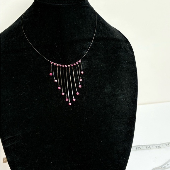 Hot Pink Waterfall Crystal Necklace on Black Metal Chain - Picture 3 of 6